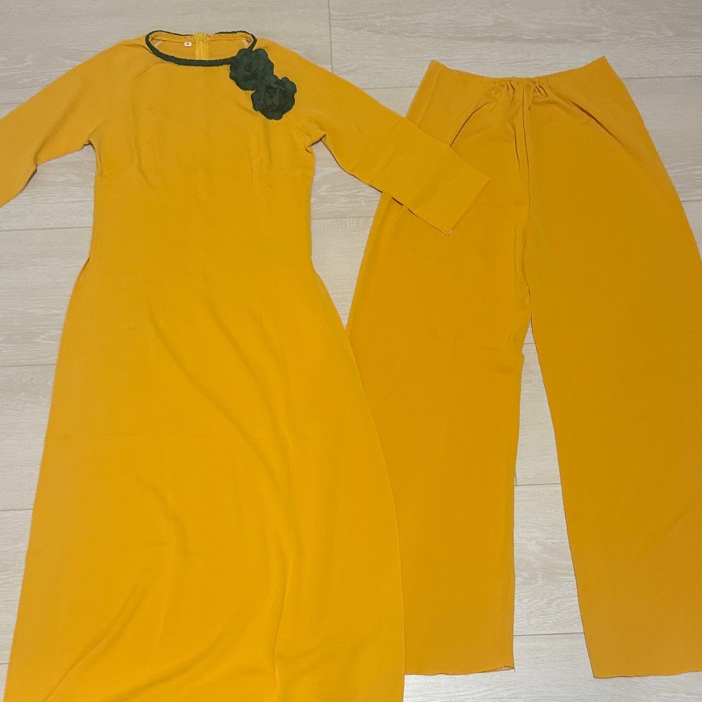 Mustard Ao Dai with Green Floral Accent Set Of 2 Top And Pants - Picture 2 of 9